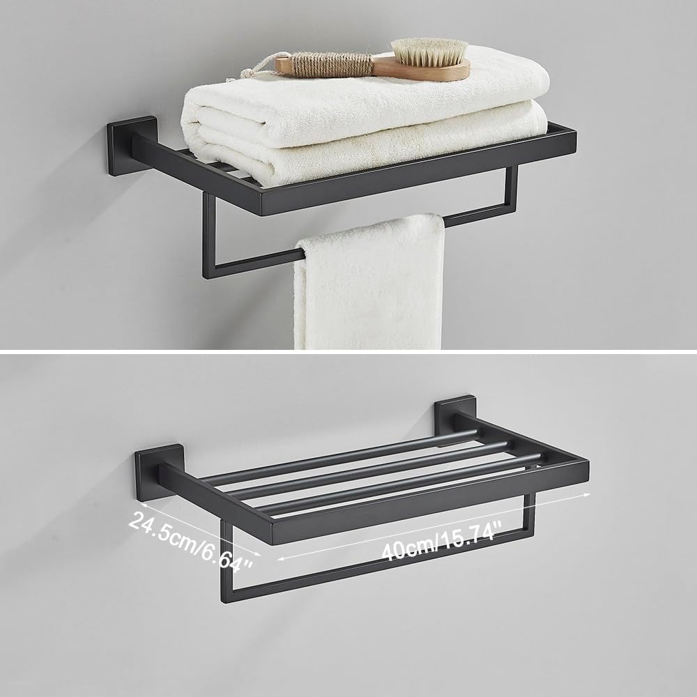 Black Bathroom 40cm Accessories Set Wall-Mount Stainless Steel Towel Bar Rack Toilet Roll Paper Holder Robe Hook Hanger Hardware,Double Towel Bar 40