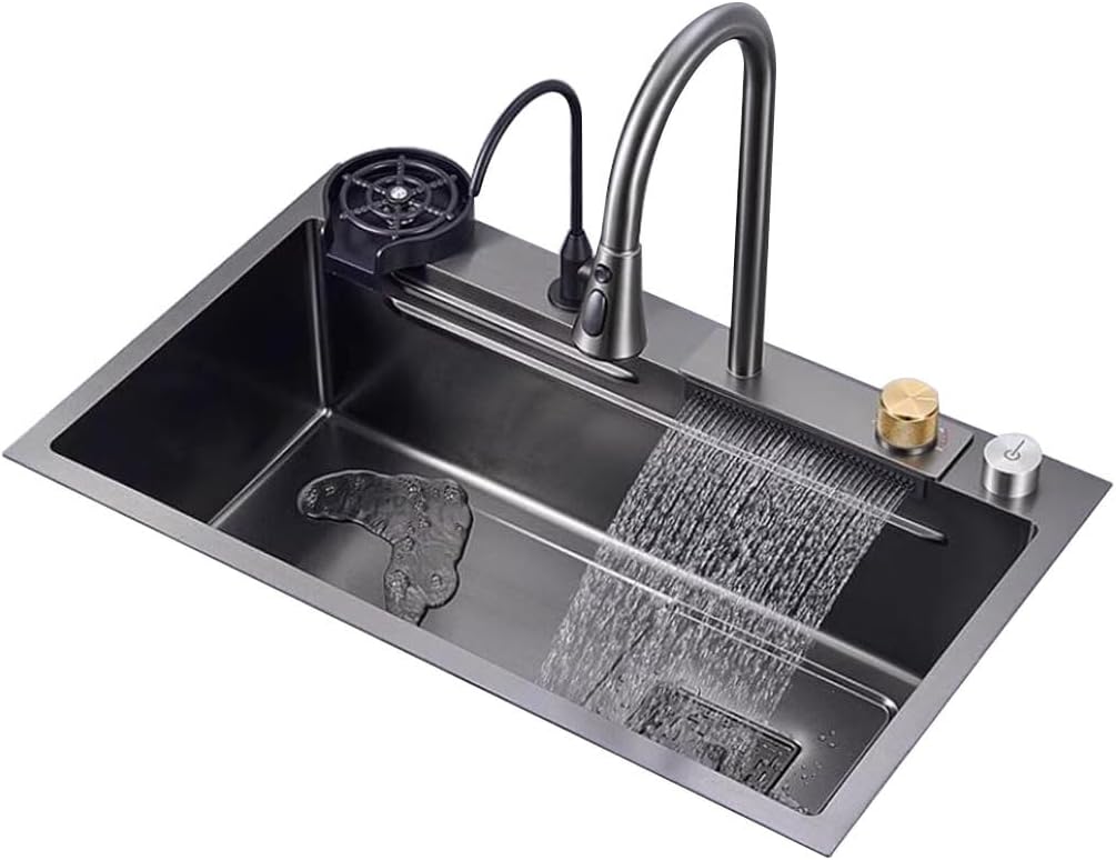 Kitchen Sinks, Single Bowl Home Kitchen Waterfall Sink Stainless Steel Vegetable Washibasin Balcony Pool Large Capacity Single Bowl Sink (68 * 45 * 22Cm