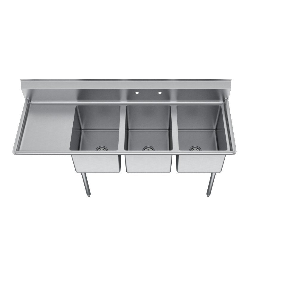 Elkay Foodservice 3 Compartment Sink, 58.5'X29.75' OA, 36' Working Height, 18X24 Bowl, 14 Deep, 9.75' Backsplash, Left 18' Drainboards, 8' On Center Faucet Hole, Galvinized Legs, Adjustable Feet, 16 Gauge 300 Series Stainless Steel, NSF Certified