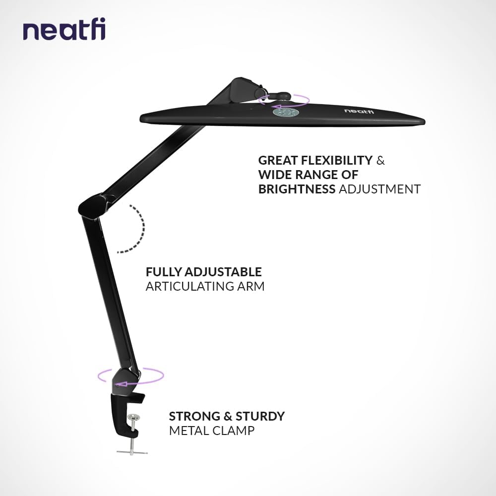 Neatfi XL LED Desk Lamp | 20-Inch Wide Head (Black-2, CCT with Clamp)