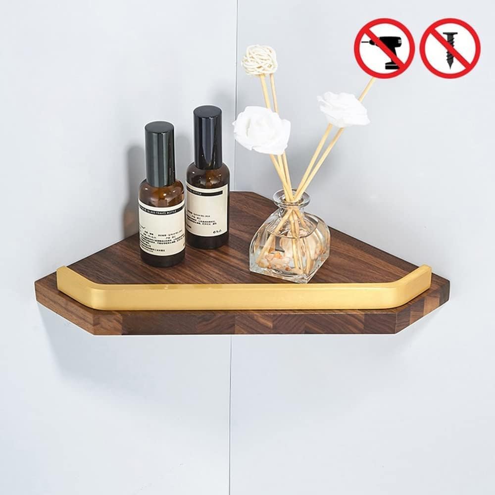 Floating Bathroom Corner Shelves - Wall-Mounted Brushed Walnut Caddy Double Layer nizer for Shower Kitchen & Cosmetics Storage Space-Saving Solution (A)