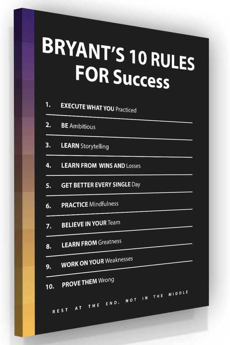 Bryant 10 Rules For Success Motivational Wall Art Office Decor Canvas Print, Black Mamba Mentality, Basketball Player Gift, Sports Gym Art (40' x 30' in)