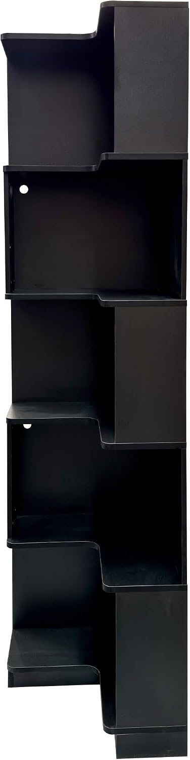 5-Tier Corner Bookshelf with LED Lights, Farmhouse Corner Shelf with Storage and Baffle, Freestanding L-Shaped Bookcase for Home Office Living Room Apartment, Black