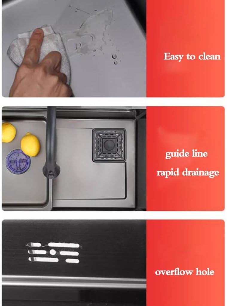 Kitchen Sinks, Single Bowl Multifunctional and Practical Single Bowl Sink Stainless Steel Countertop Sink Kitchen Dishwashibasin Bar Hand Sink (68 * 45Cm