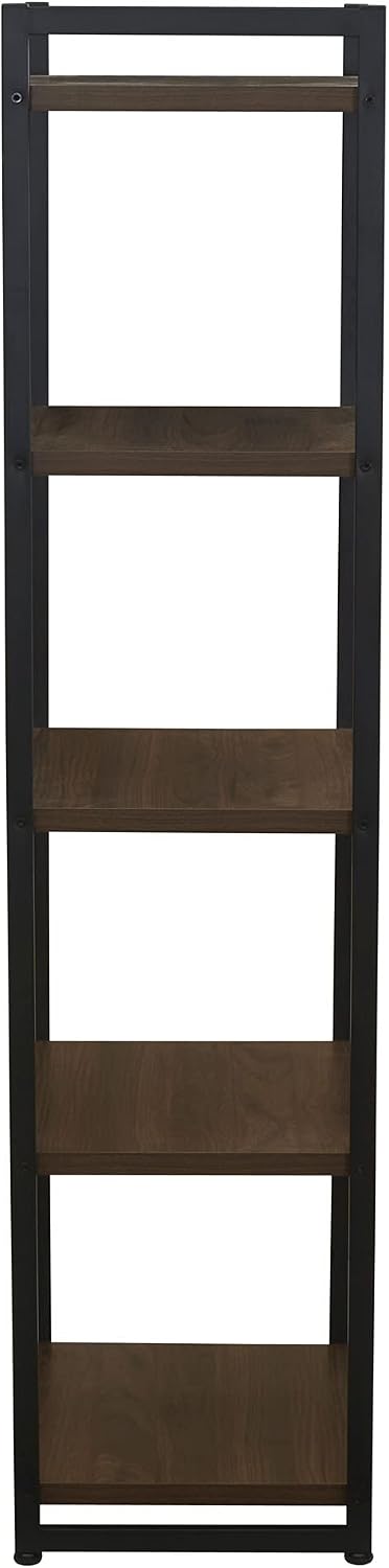 Household Essentials Narrow 5‑Shelf Open Storage Bookshelf, Mid‑Century Walnut Wood Grain with Black Metal Frame