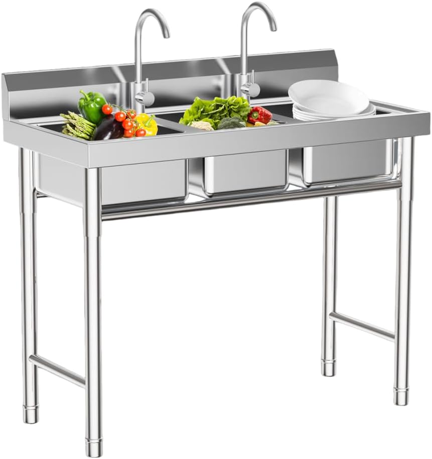 Stainless Steel Sink 3 Compartment Commercial Utility Sink Free Standing Kitchen Sinks with 2 Cold and Hot Water Faucets for Kitchens, Garage, Laundry Room (39''W ×18''D ×35.8'H)