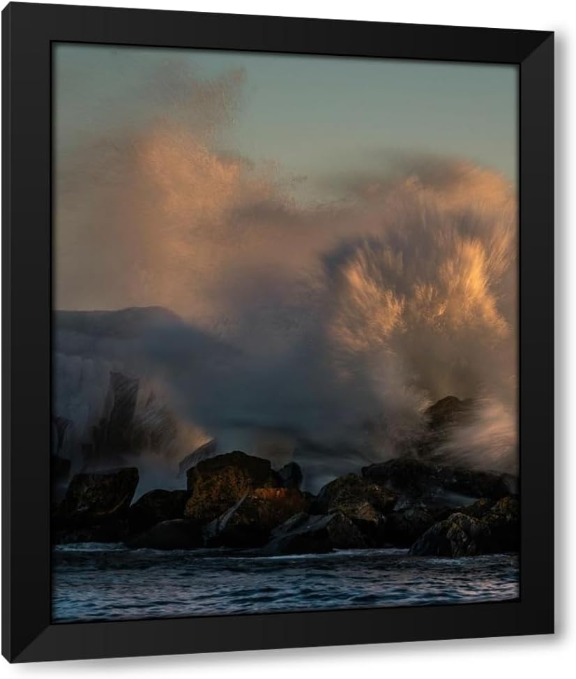 ArtDirect Minnesota-Lake Superior Lake waves breaking on rocks at sunset 28x34 Extra Large Black Modern Wood Framed Art Print by Jaynes Gallery