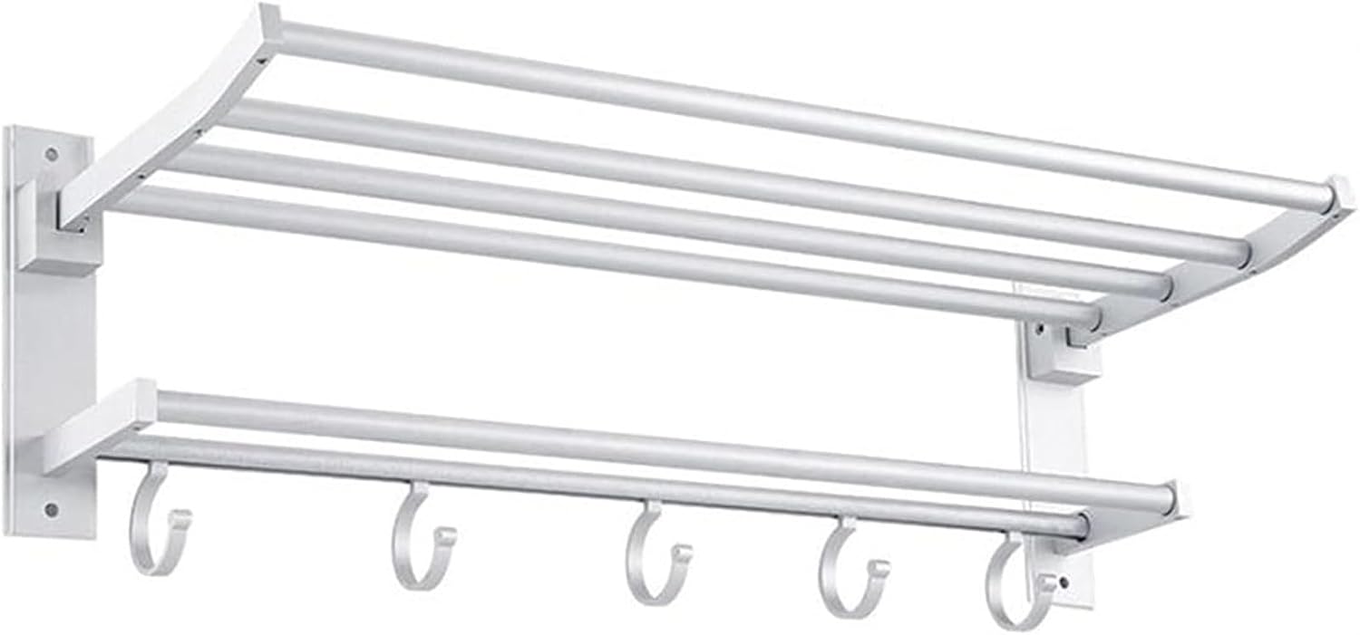 Bathroom Shelf Wall Floating Bathroom Bathroom Towel Rack 22.8 inches Foldable Wall Mounted Double Towel Holder Shelf with Foldable Towel Bar Holder and Hooks Floating Shelves Corner Shower Caddy