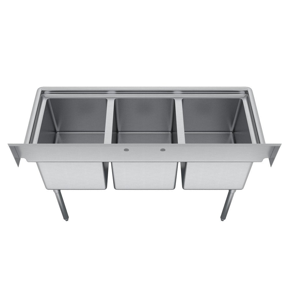 Elkay Foodservice 3 Compartment Sink, 63'X23.75' OA, 36' Working Height, 18X18 Bowl, 12 Deep, 10.75' Backsplash, No Drainboards, 8' On Center Faucet Hole, Galvinized Legs, Adjustable Feet, 16 Gauge 300 Series Stainless Steel, NSF Certified