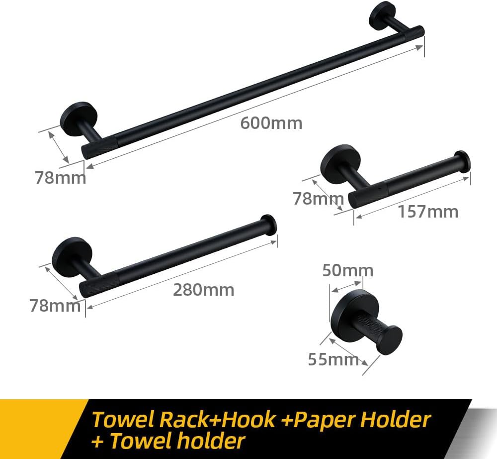 Modern Matte Black Bathroom Hardware Set with Brass Knurled Design Towel Bar Bath Robe Hook Shelf and Toilet Paper Tissue Holder Stylish and Functional Accessories for Your Bathroo