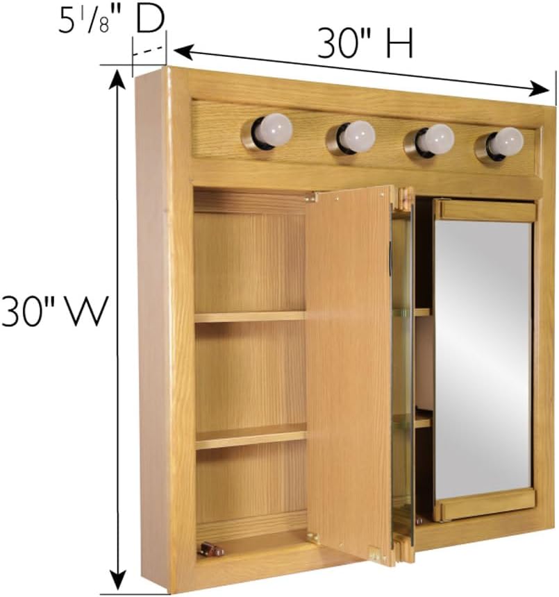 Design House Richland Medicine Cabinet with 4 Lights, Fully Assembled, Wall Mounted, 3 Mirrored Doors, Wood Frame, Oak Finish, 30 in x 5 in x 30 in, 530600-NOK