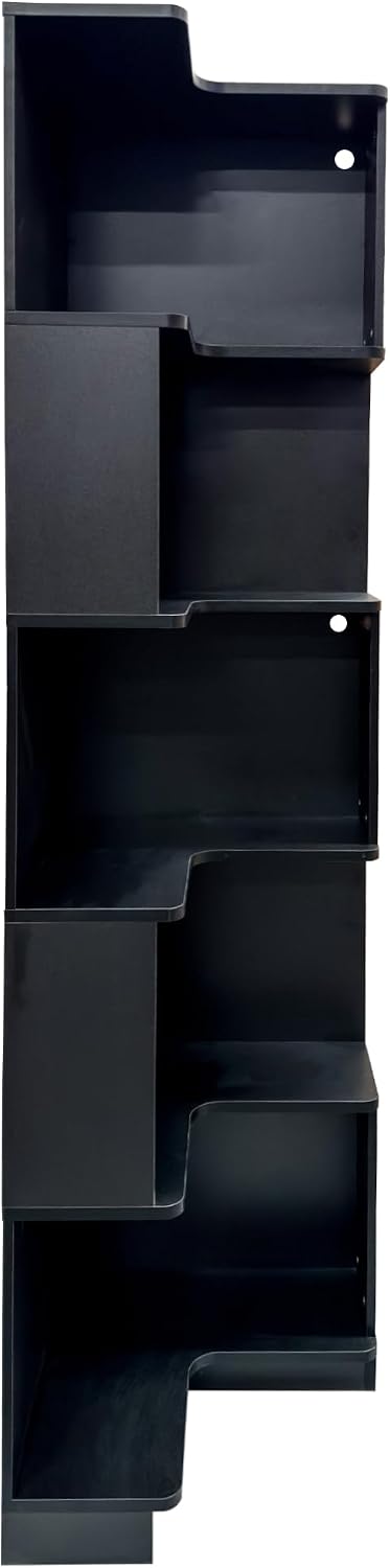 5-Tier Corner Bookshelf with LED Lights, Farmhouse Corner Shelf with Storage and Baffle, Freestanding L-Shaped Bookcase for Home Office Living Room Apartment, Black