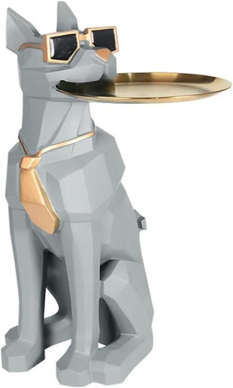 homary Modern Resin Dog Sculpture Geometric Standing Statue Cute Side Table Tray End Table with Tissue Storage (Gray)