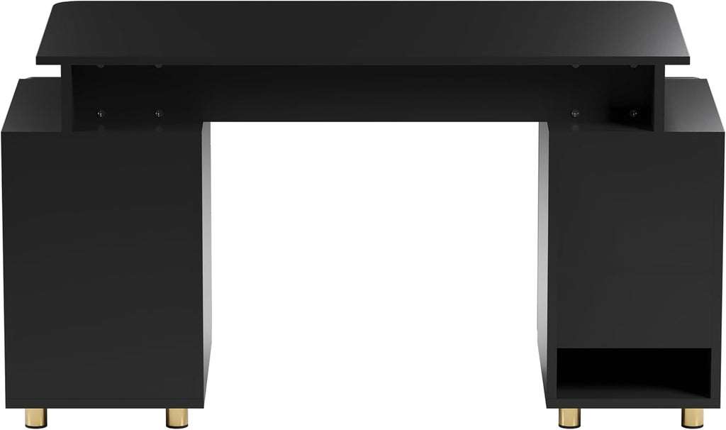 Elegant 57' W Executive Desk with 3 Drawers and Storage Cabinet, Modern Office Desk with Gold Accents, Floating Work Surface, Closed Storage with Ventilation & Adjustable Shelf (Black,Gold)