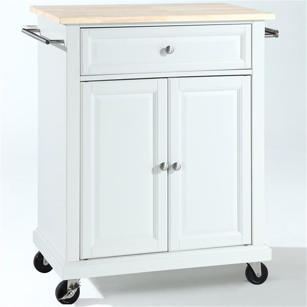 Pemberly Row Traditional Wood Kitchen Cart, 1-Drawer, 2-Door, White and Natural Finish, 35.5' H x 28.25' W x 18' D, Adjustable Shelf, Storage Drawer, Towel Bars, Brushed Nickel Hardware