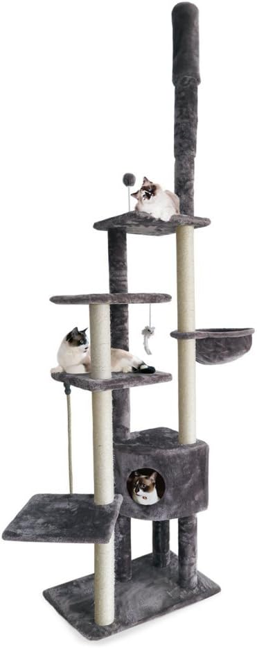 Furhaven 100'-113' Tall Cat Tree for Indoor Cats w/ Adjustable Height, Ft. Sisal Scratching Posts, Condo, & Toys - Tiger Tough Skyscraper Interactive Playground Tower - Gray, One Size