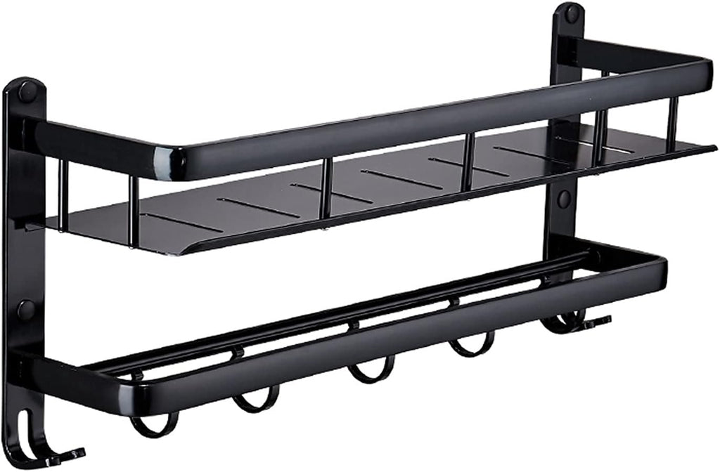 TOMYEUS Shower Caddy Bathroom Shelf Floating Shelves Wall Mounted，Bathroom Shelf with Rail,with Towel Bar and Towel Hooks，Strong Black Metal Frame Shower Organizer (Size : 50 cm Long)