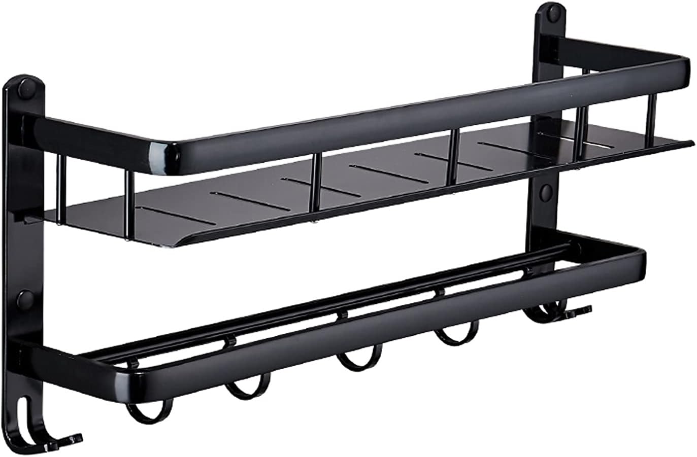 TOMYEUS Shower Caddy Bathroom Shelf Floating Shelves Wall Mounted，Bathroom Shelf with Rail,with Towel Bar and Towel Hooks，Strong Black Metal Frame Shower Organizer (Size : 50 cm Long)