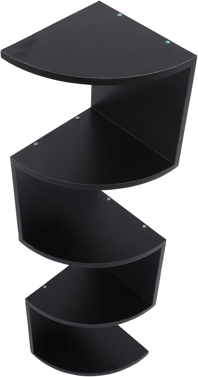 Modern Style Wooden 5-Tier Wall-Mounted Corner Shelf Black, Creative Home Storage Rack for Living Room Bedroom Kitchen, Decorative Floating Bookshelf Organizer