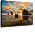 Oregon Coast Haystack Rock Cannon Beach Sunset Poster Decorative Painting Canvas Wall Art Living Room Bedroom (Frame 24in*36in)