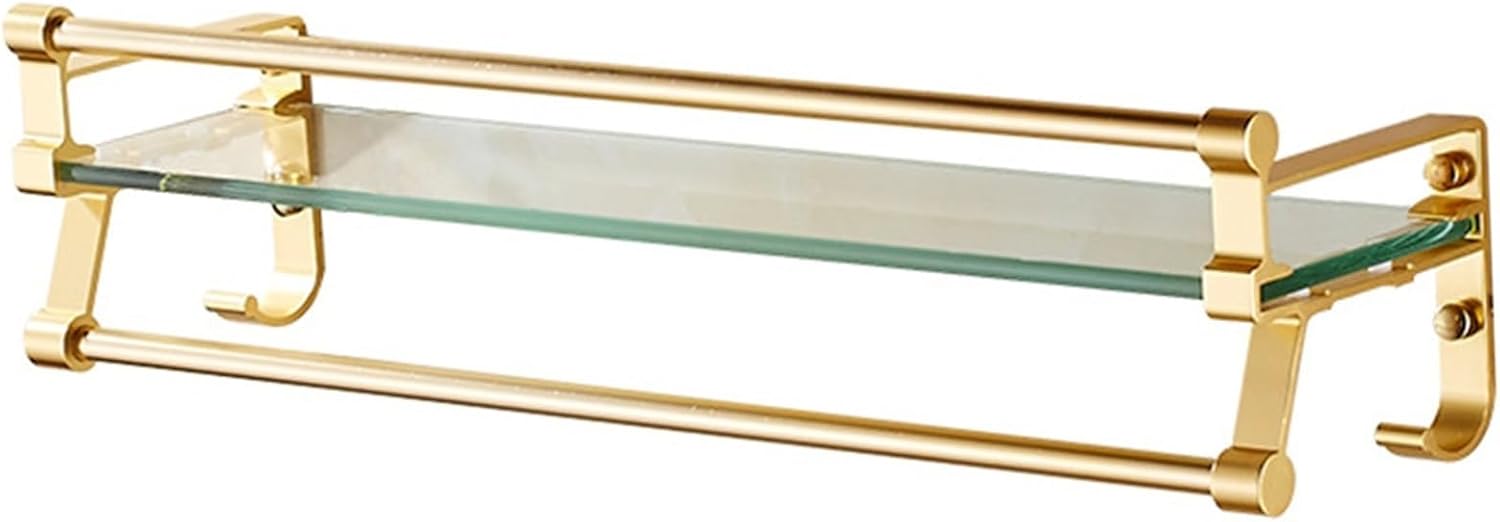 Glass Bathroom Shelf with Hand Towel Bar, Floating Glass Rectangular Wall Mounted, Tempered Glass Shelf for Bathroom, Toilet, Room Decor, Gold (40CMCH)