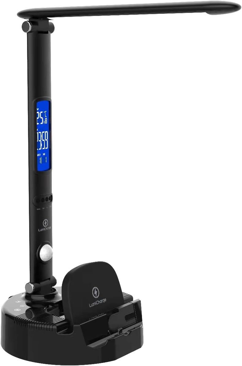 LumiCharge-III Smart LED Desk Lamp - Table Lamp with Wireless Charger, USB Charging Port, Adjustable Arm Brightness, Bluetooth Speaker - Foldable Table Lamp for Home, Remote Office, Study, Bedroom