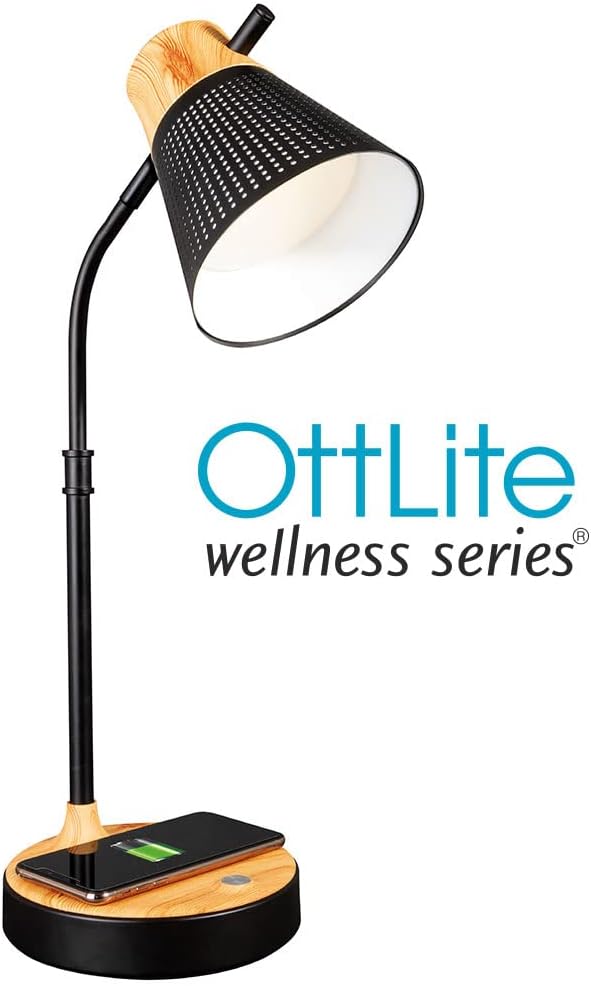 OttLite Wellness Series Wireless Charging LED Table Lamp, LED Desk Lamp and Book Light, Reading Light, Great Desk Lights for Home Office, Black with Woodgrain Accents