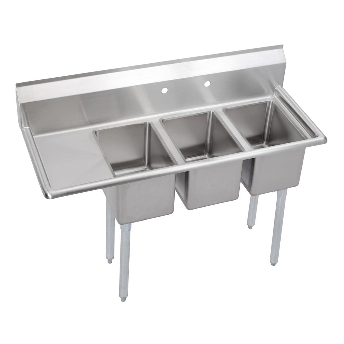 Elkay Foodservice 3 Compartment Sink, 48.5'X19.75' OA, 36' Working Height, 10X14 Bowl, 10 Deep, 10.75' Backsplash, Left 12 Drainboards, 8' Faucet Hole, Galvinized Legs, 16 Gauge Stainless Steel
