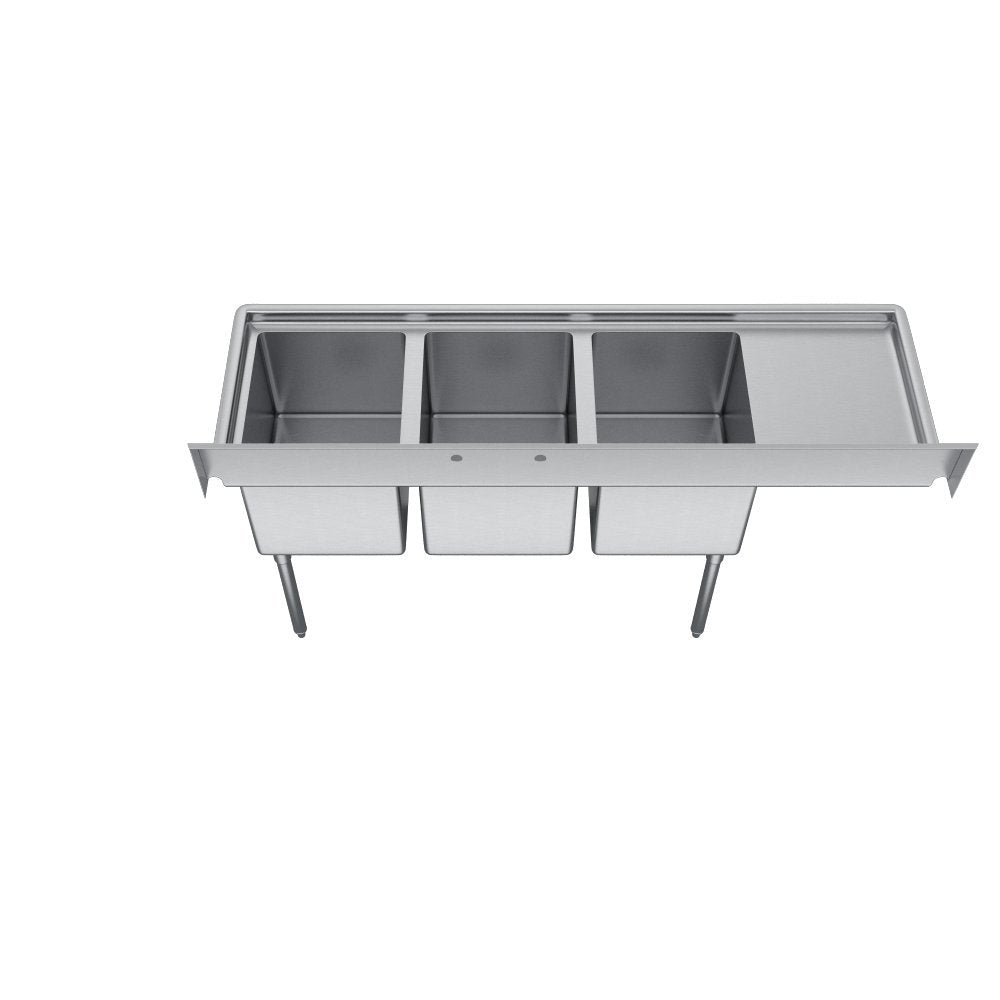 Elkay Foodservice 3 Compartment Sink, 58.5'X29.75' OA, 36' Working Height, 18X24 Bowl, 14 Deep, 9.75' Backsplash, Left 18' Drainboards, 8' On Center Faucet Hole, Galvinized Legs, Adjustable Feet, 16 Gauge 300 Series Stainless Steel, NSF Certified