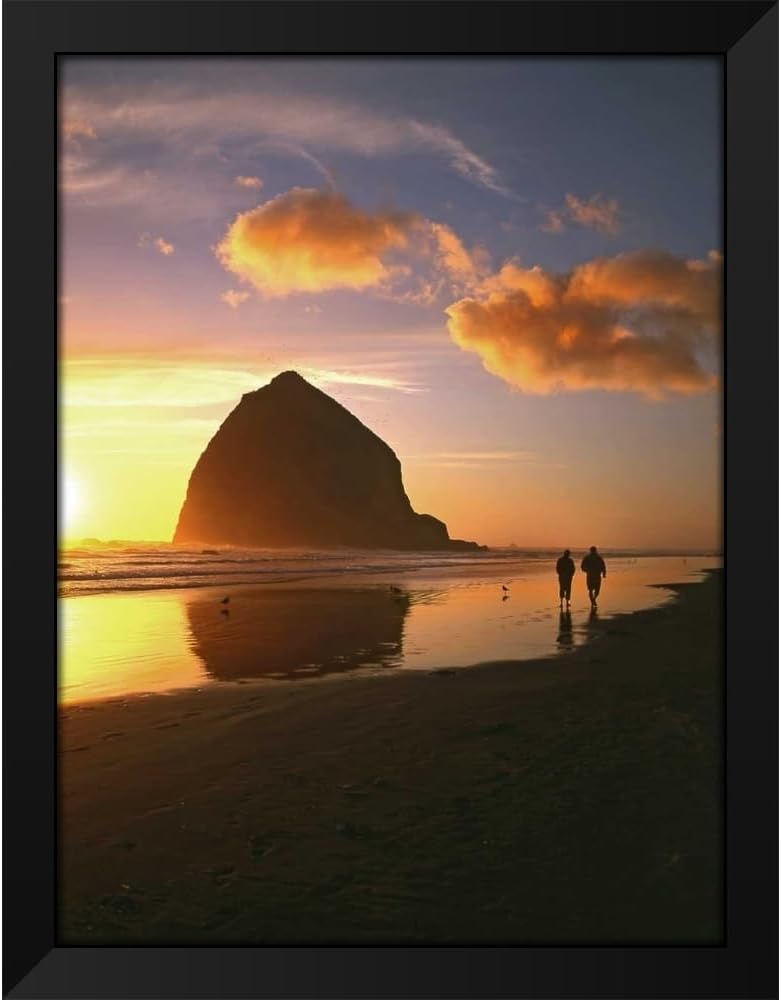 ArtDirect OR, Cannon Beach Couple by Haystack Rock, sunset 36x48 Huge Black Modern Wood Framed Canvas Giclee Art by Terrill, Steve