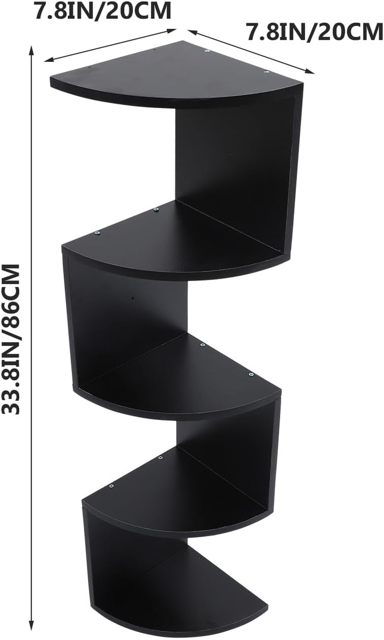 Modern Style Wooden 5-Tier Wall-Mounted Corner Shelf Black, Creative Home Storage Rack for Living Room Bedroom Kitchen, Decorative Floating Bookshelf Organizer