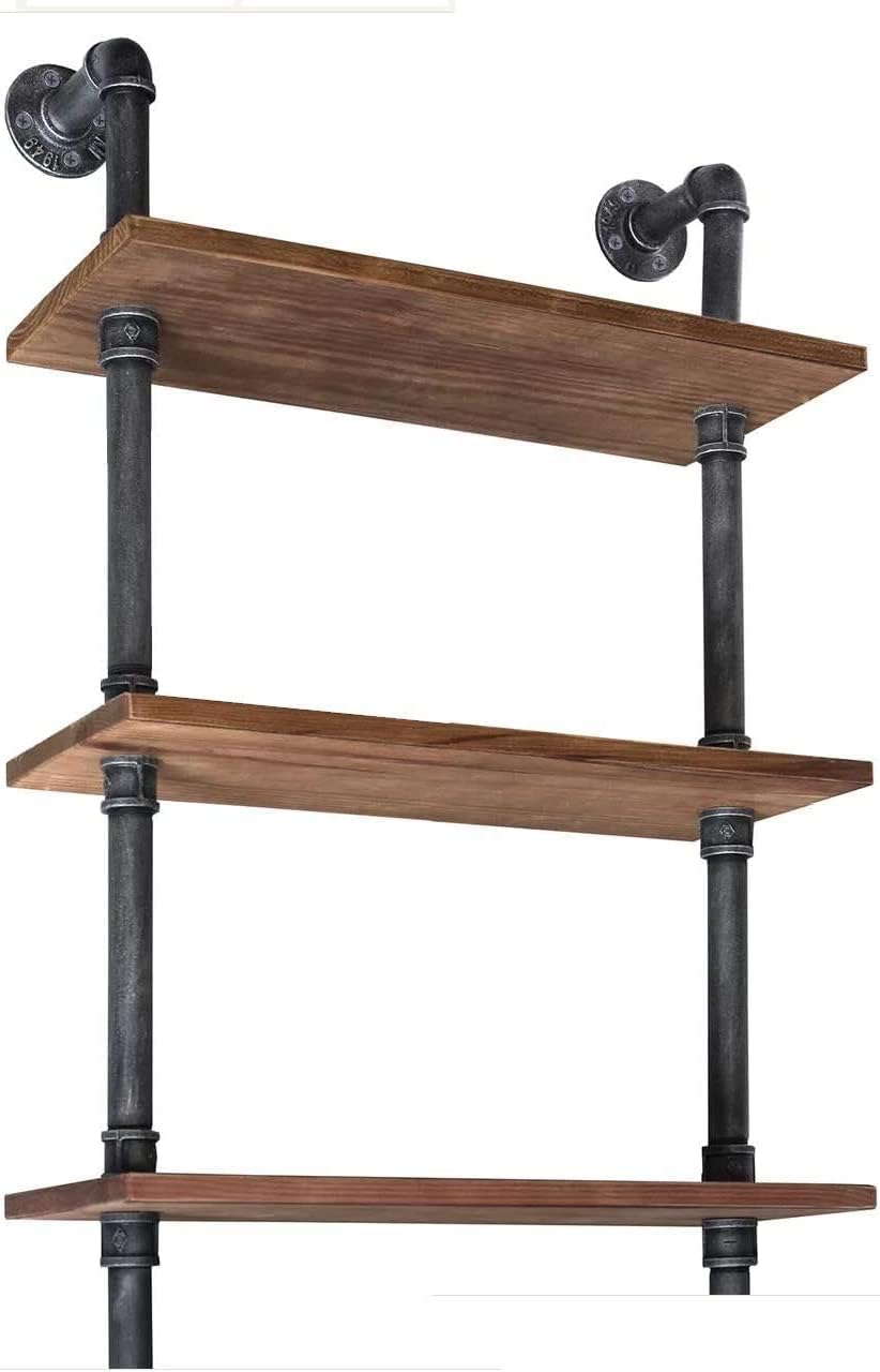 Industrial Wall Mounted Pipe Shelf 24inch Width Rustic Storage Wooden Shelves Vintage 6 Layers Book Shelf for Home Decor Office Living Room Bathroom Kitchen 79inch Height