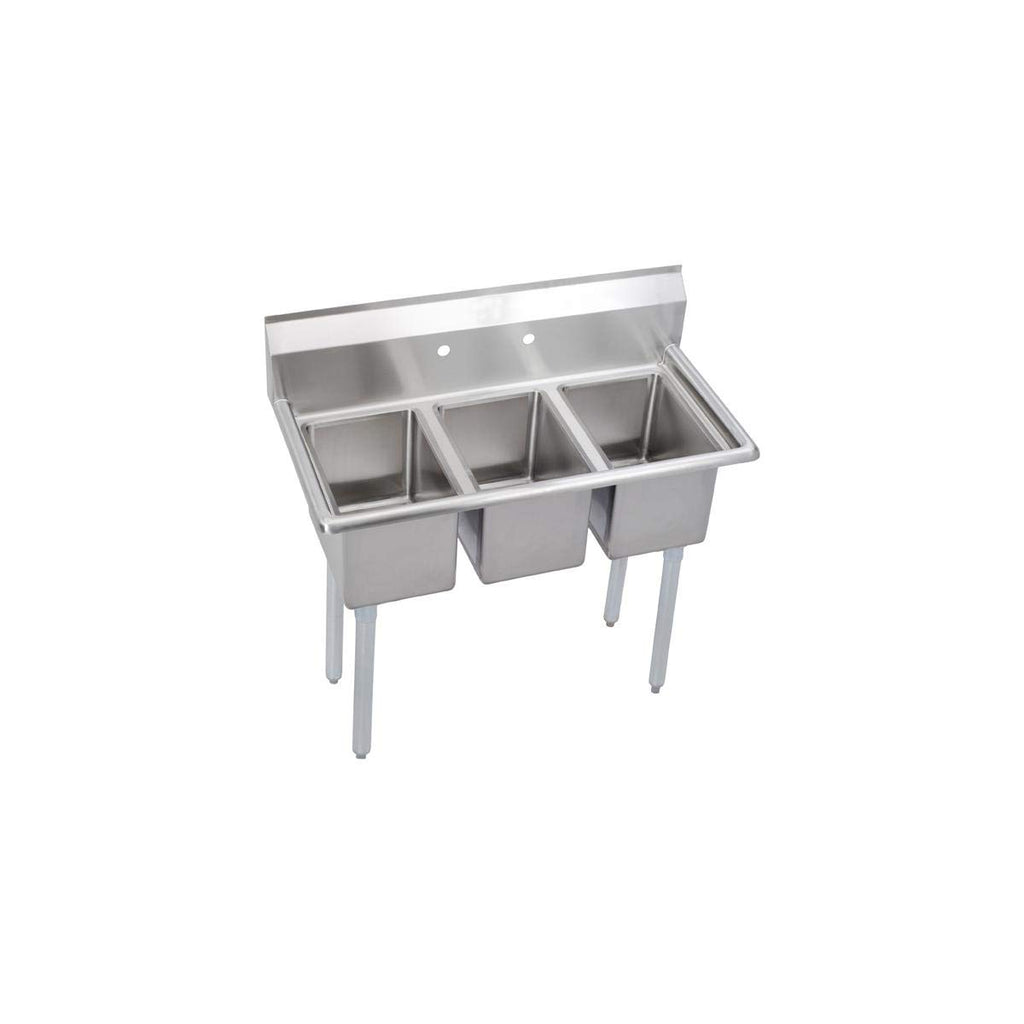 Elkay Foodservice 3 Compartment Sink, 45'X21.75' OA, 36' Working Height, 12X16 Bowl, 10 Deep, 10.75' Backsplash, No Drainboards, 8' On Center Faucet Hole, Galvinized Legs, Adjustable Feet, 16 Gauge 300 Series Stainless Steel, NSF Certified