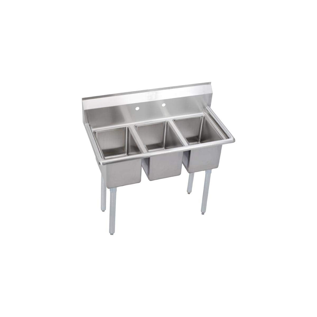 Elkay Foodservice 3 Compartment Sink, 45'X21.75' OA, 36' Working Height, 12X16 Bowl, 10 Deep, 10.75' Backsplash, No Drainboards, 8' On Center Faucet Hole, Galvinized Legs, Adjustable Feet, 16 Gauge 300 Series Stainless Steel, NSF Certified