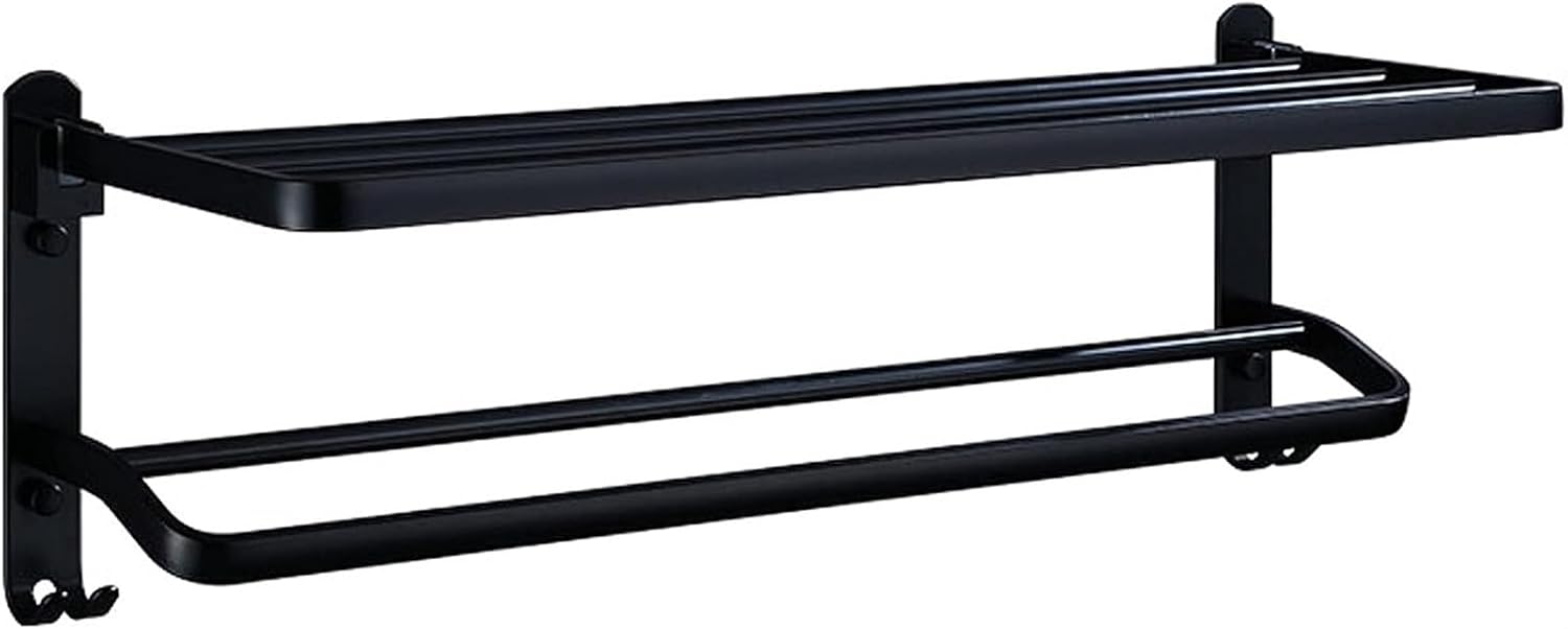Bathroom Shelf Wall Floating Bathroom 24 Inch Bathroom Shelves Bathroom Shelf Double Towel Bar Holder with Hooks Wall Mounted Multifunctional Foldable No Drilling Floating Shelves Corner Shower Caddy