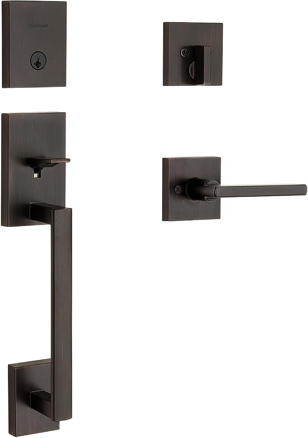 Kwikset San Clemente Front Door Lock Handle and Deadbolt Set, Entry Door Handleset Exterior with Interior Reversible Lever, Venetian Bronze, Pick Resistant SmartKey Rekey Deadbolt Security