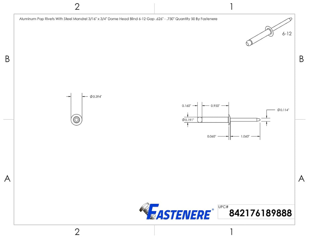 DIY Man - Pop Rivets 3/16' x 3/4' Aluminum Body Steel Mandrel Dome Head Blind Quantity 1000 D&J