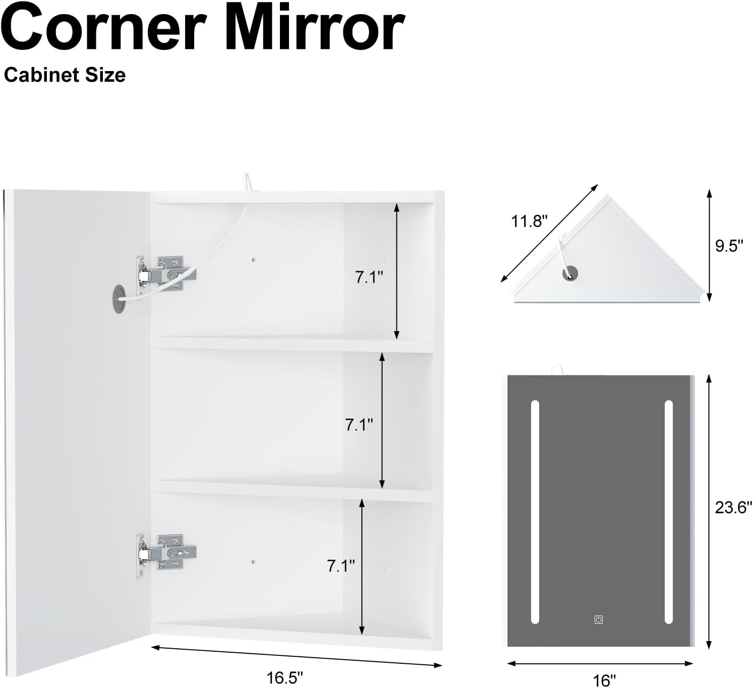 Corner Medicine Cabinet Mirror with Lights,Lighted Medicine Cabinet with Mirror,Led Mirror Cabinet for Bathroom,16x 24 Small Corner Wall Cabinet,White
