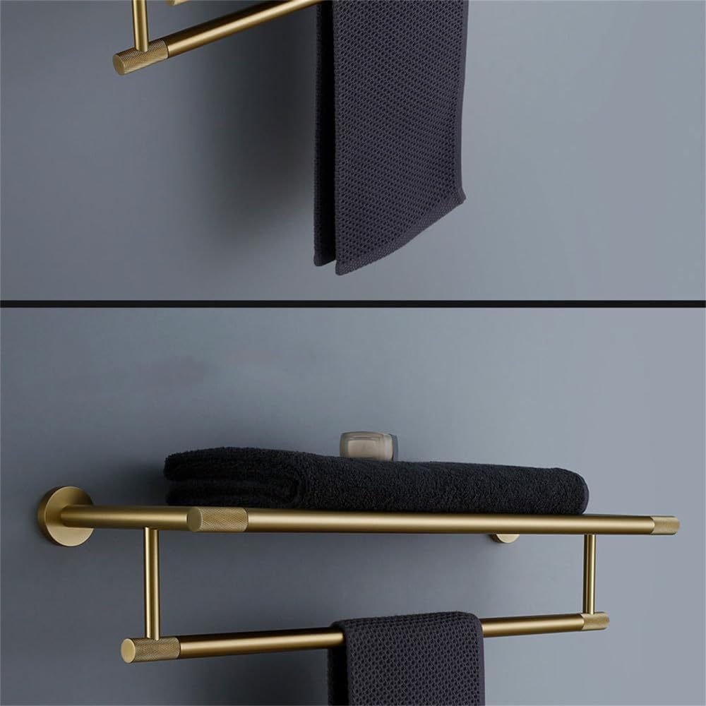 Brushed Gold Bathroom Hardware Accessories Set Knurled Brass Kit with Towel Bar Towel Ring Robe Hook Paper Holder and Toilet Brush (Towel Shelt 60)