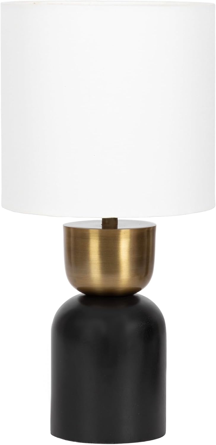 Kate and Laurel Marley Modern Mango Wood and Metal Bedside Table Lamp, 8 x 8 x 17, Antique Brass and Black, Decorative Sculpted Hourglass Tabletop Desk Lamp with Linen Shade for Living Room Decor