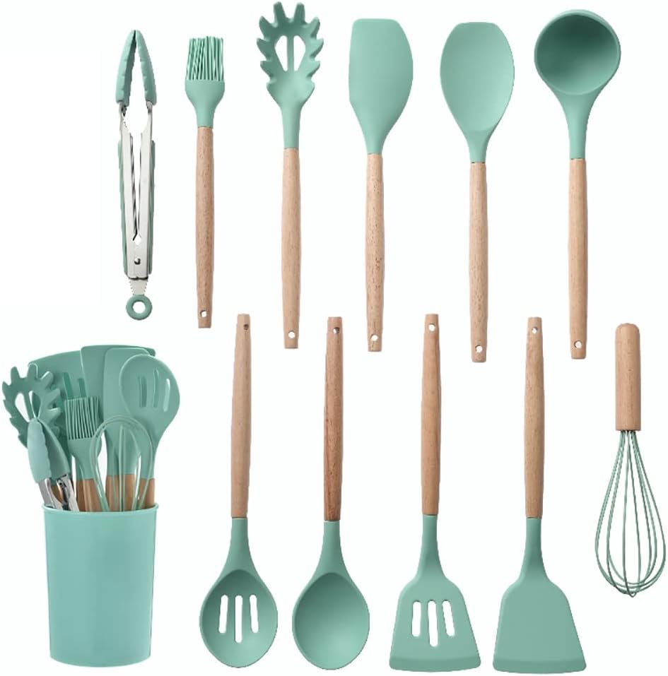 Silicone Kitchenware Cooking Utensils Set Non-stick Cookware Spatula Shovel Egg Beaters Wooden Handle Kitchen(Gray)