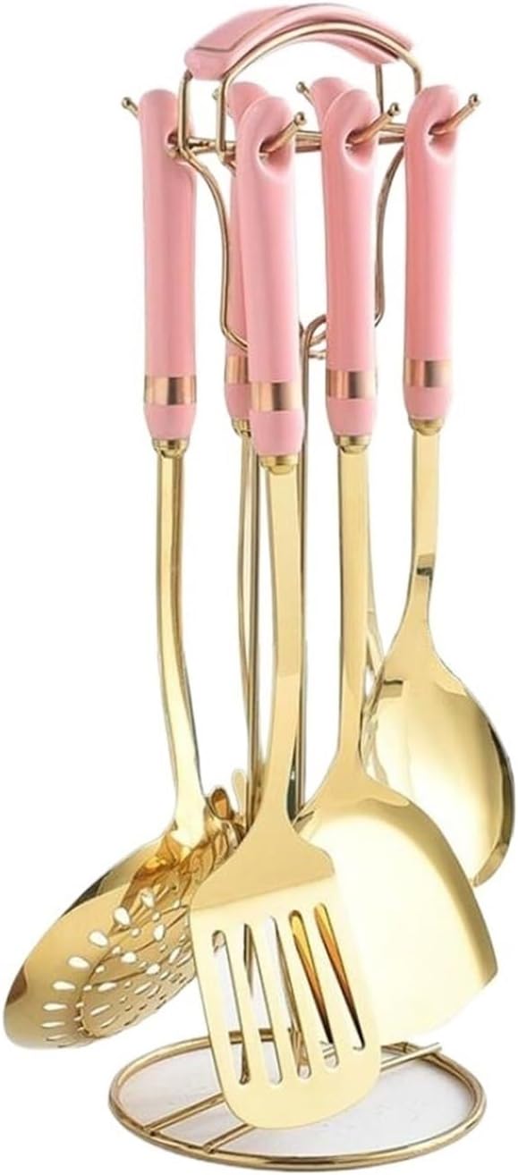 Spoons for Cooking Spatulas Cooking Utensils Cookware Dining Gadgets Sets 7 Pieces Gadgets Stainless Steel Ceramic Kitchen Tools (Pink)