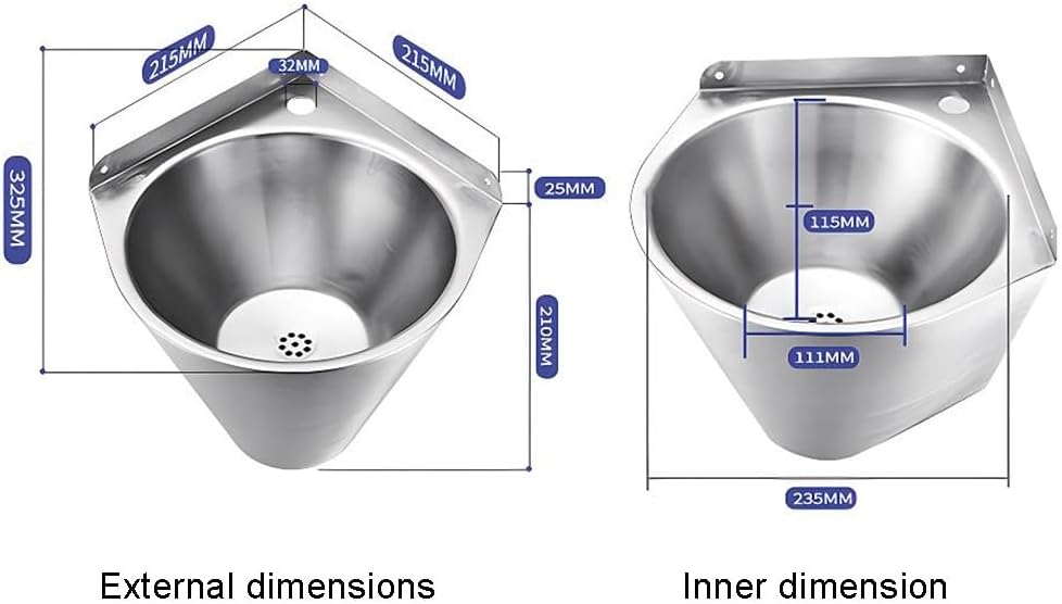 Stainless Steel Utility Sink, Wall-Mounted Single Bowl Sink, Small Triangle Wash Basin, Kitchen Washing Sink, for Restaurant, Laundry, Garage (Color : Silver-E, Size : 32.5x32.5x21cm) (Silver b 32