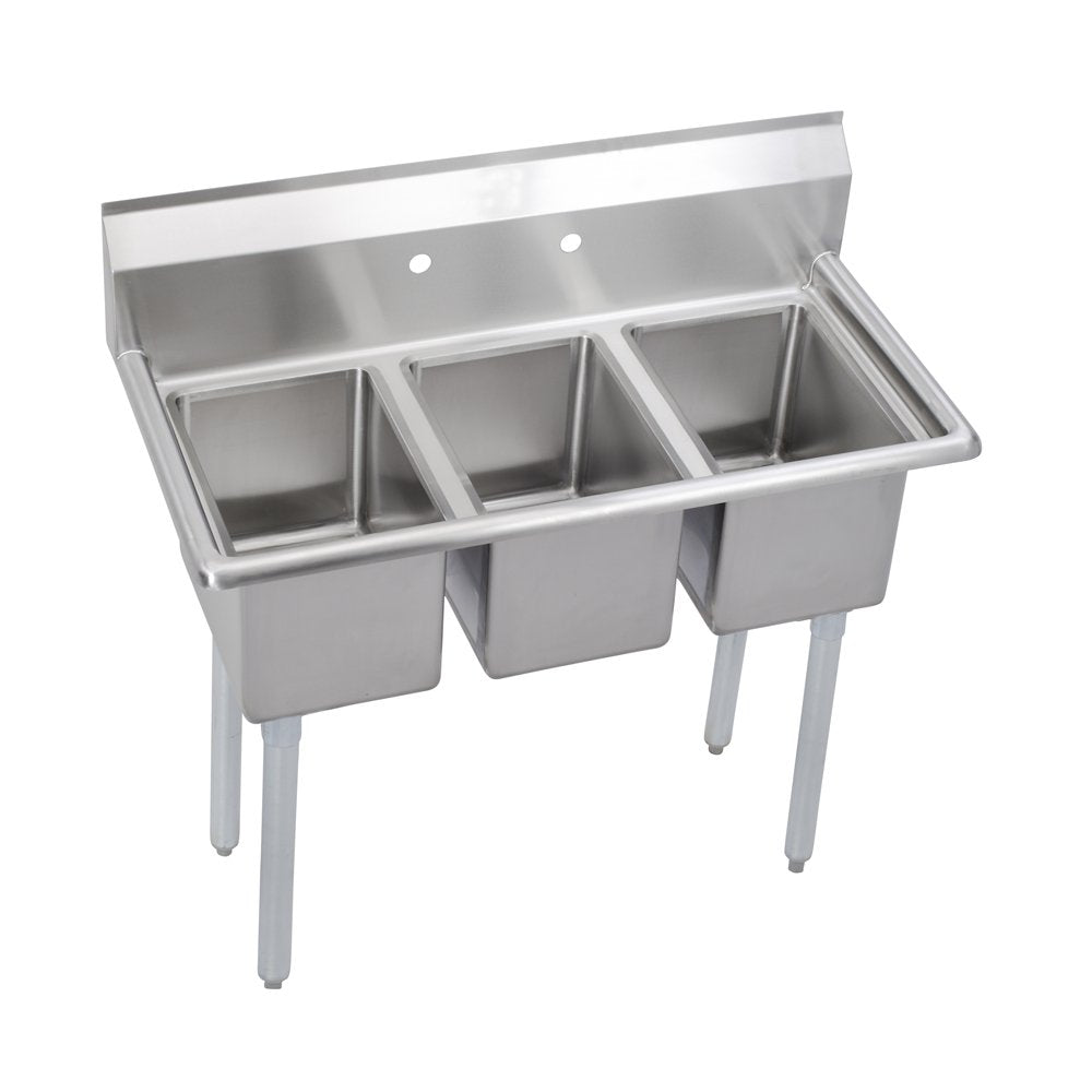Elkay Foodservice 3 Compartment Sink, 39'X19.75' OA, 36' Working Height, 10X14 Bowl, 10 Deep, 10.75' Backsplash, No Drainboards, 8' Faucet Hole, Galvinized Legs, Adjustable Feet, 16 Gauge Stainless