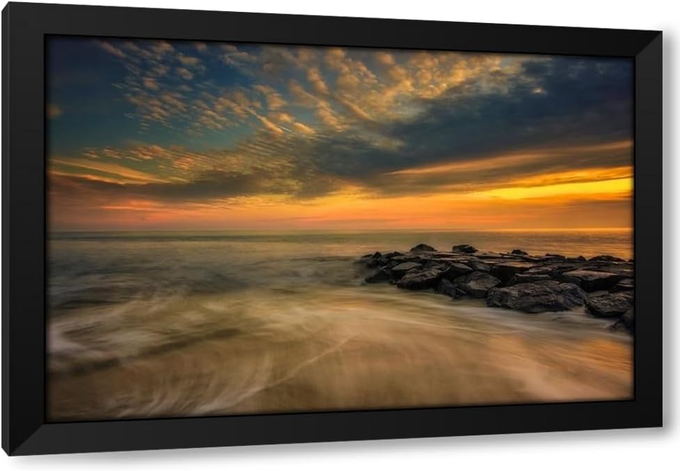 ArtDirect New Jersey-Cape May National Seashore Sunset on ocean and rocks 40x28 Extra Large Black Modern Wood Framed Art Print by Jaynes Gallery