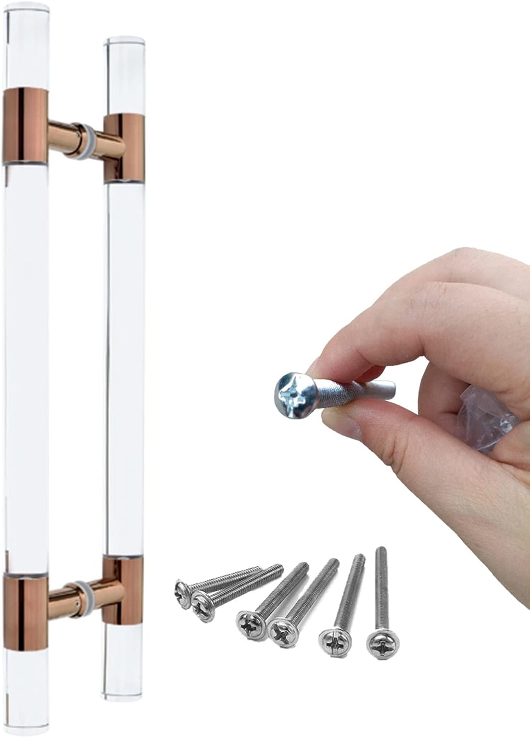 Rose Gold Clear Acrylic Door Handle - 47 Inch H Shape Pull Bar for Glass Sliding Gate, Double Sided Knobs with Screws, Perfect for Modern Home Décor (Rose Gold 60cm/24inch)