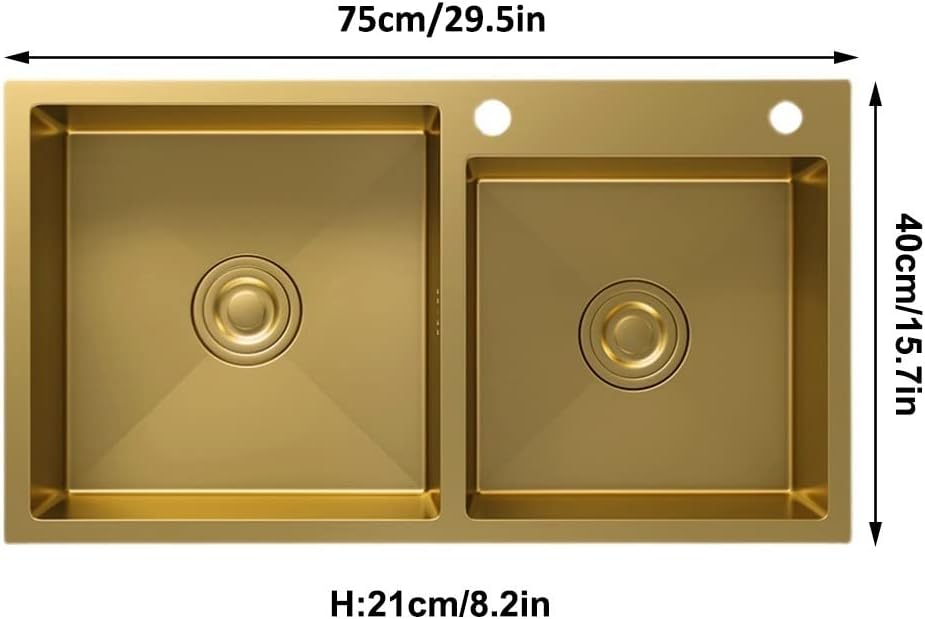 Large Gold Double Bowl Bar Prep Sink Home 304 Stainless Steel Kitchen Sink RV Sink Drop-in Or Undermount (Color : Gold-1, Size : 80x45x22cm) (Gold1 75x40x22cm)