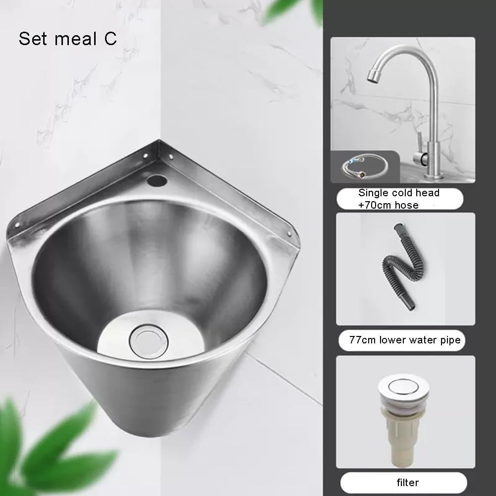 Stainless Steel Utility Sink, Wall-Mounted Single Bowl Sink, Small Triangle Wash Basin, Kitchen Washing Sink, for Restaurant, Laundry, Garage (Color : Silver-E, Size : 32.5x32.5x21cm) (Silver c 32