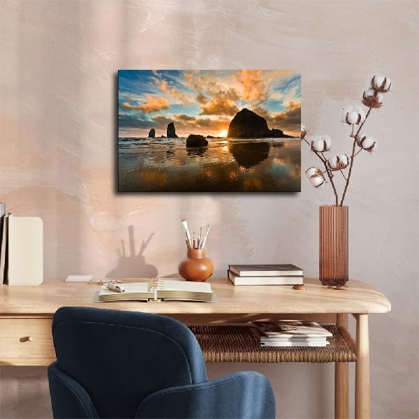 Oregon Coast Haystack Rock Cannon Beach Sunset Poster Decorative Painting Canvas Wall Art Living Room Bedroom (Frame 24in*36in)