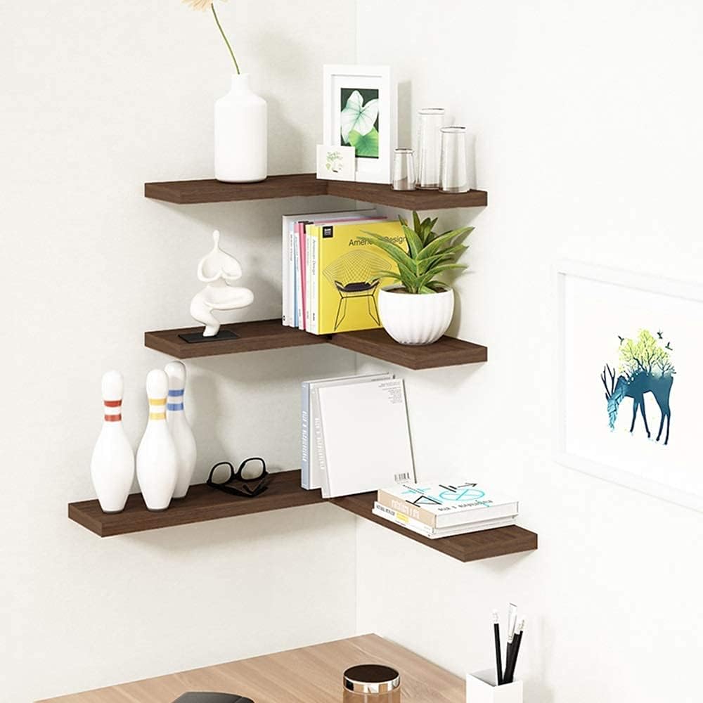 Floating Corner Shelves Wall Mounted Display Rack for Kitchen Bedroom Living Room Office Functional/Black Walnut/45Cm
